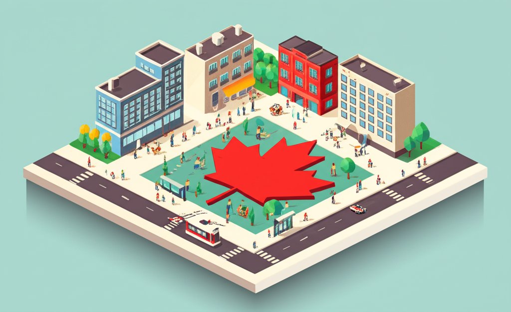 A vibrant Canadian city scene with students, universities, and a welcoming atmosphere.