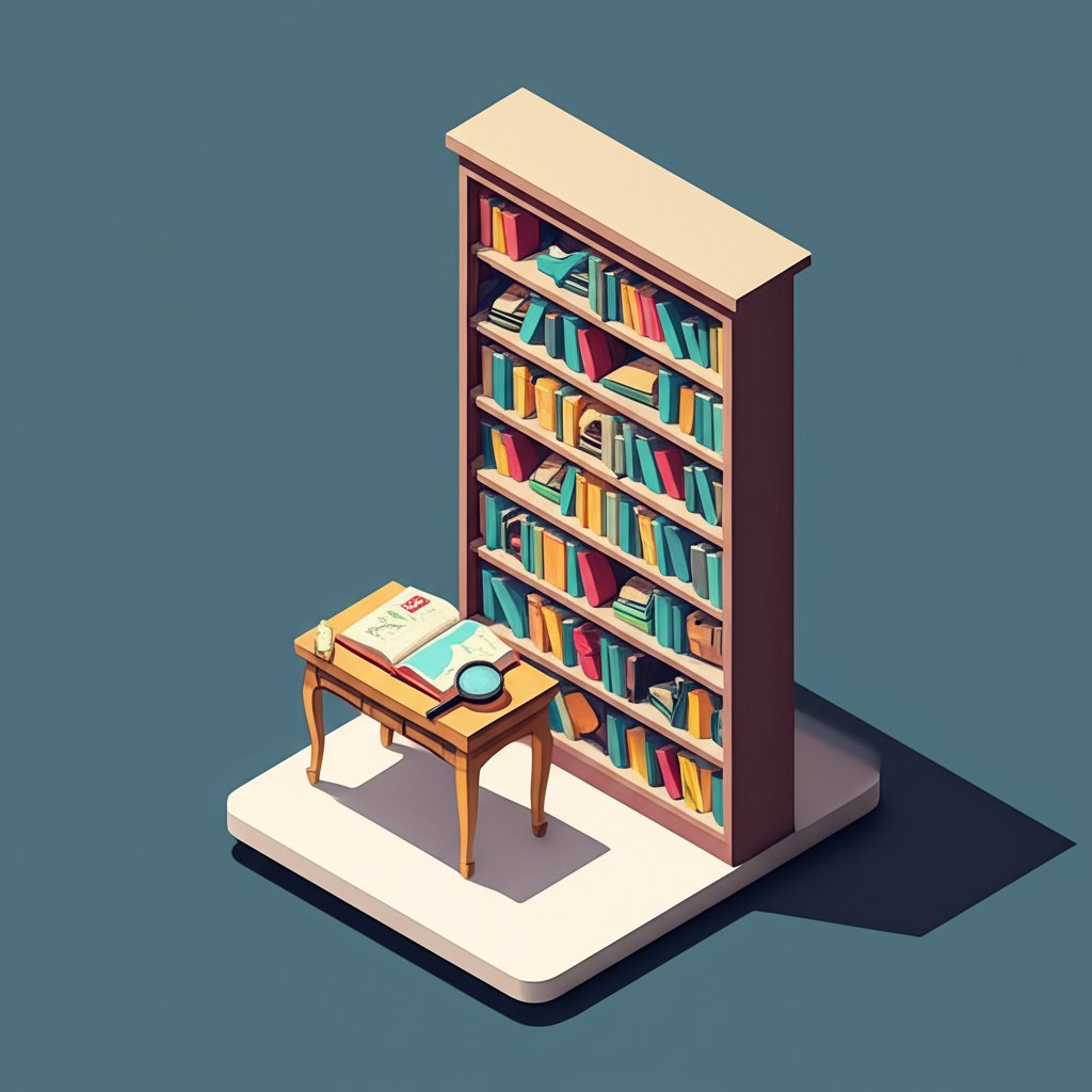 Bookshelf filled with old and new books, visually representing literary history and knowledge.