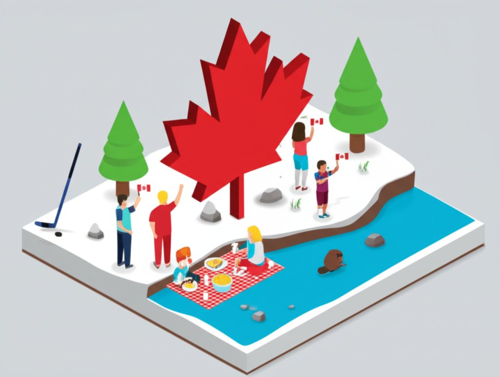 Festive Canada Day scene with red and white decorations, celebrating Canadian pride.