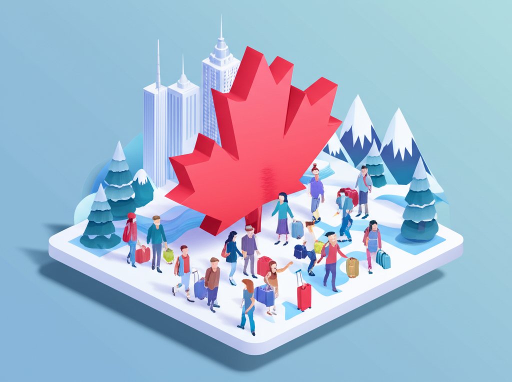 A diverse group of people stand in front of the Canadian flag, symbolizing immigration.