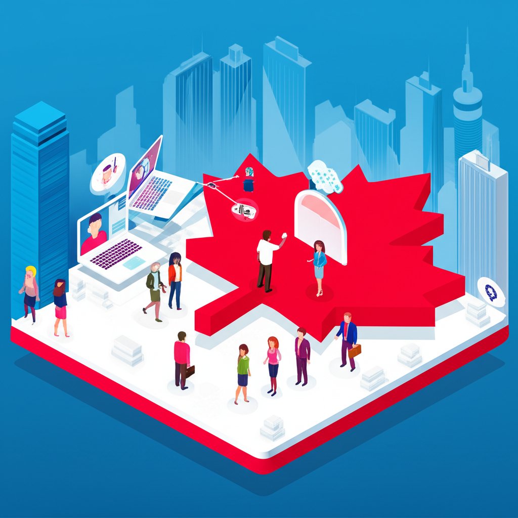A diverse group of professionals smiles, signifying Canada's inclusive work opportunities.