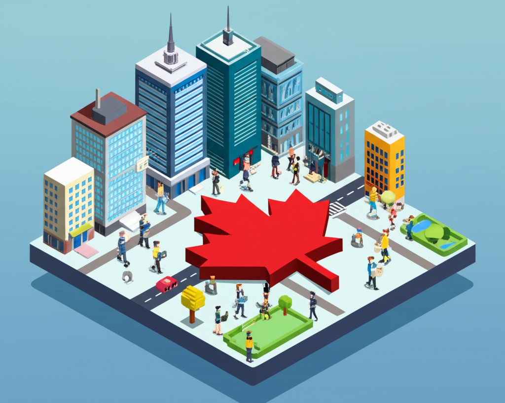 Diverse Canadian city skyline at dusk, representing urban job opportunities.