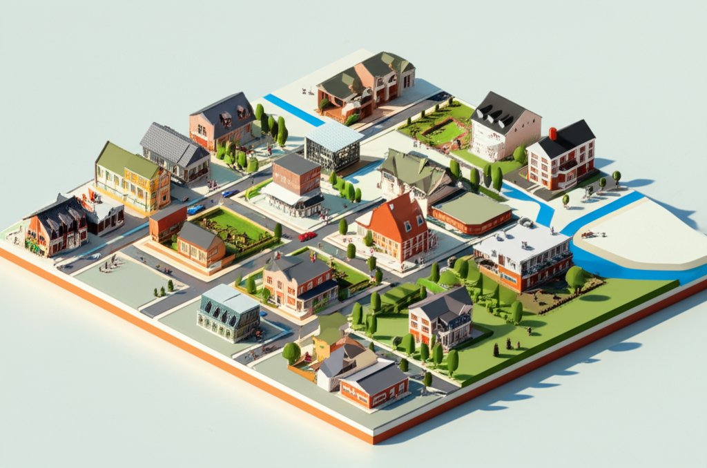 A vibrant street scene in a Charlottesville neighborhood with houses, trees, and people.