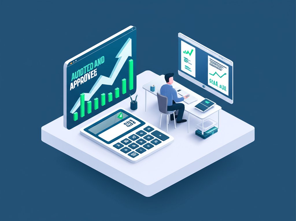 Accountants in a bright office review financial documents with calculators and laptops, showcasing expertise.