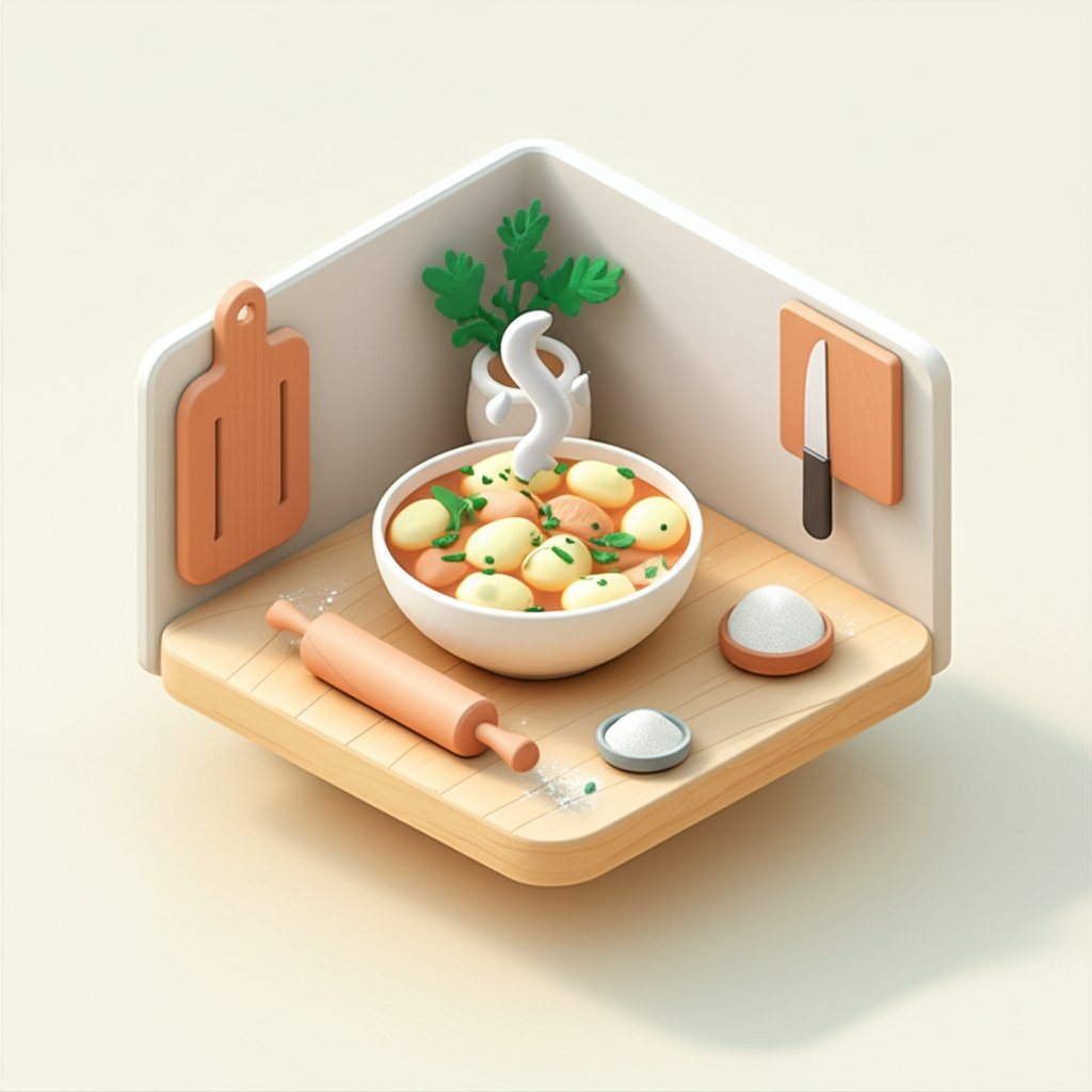 Creamy chicken and dumplings in a white bowl, garnished with fresh herbs.