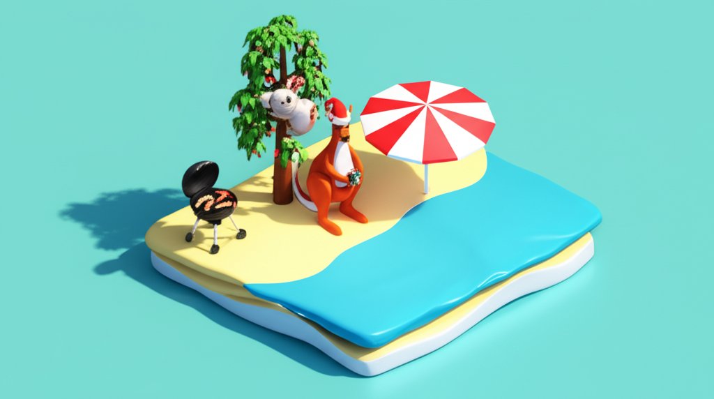 Family barbecues on Bondi Beach, Christmas tree adorned with seashells and sun hats.