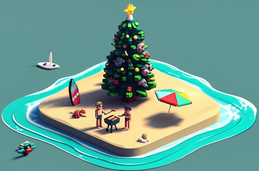 Festive Aussie Christmas scene with a BBQ, beach, and Santa in board shorts.