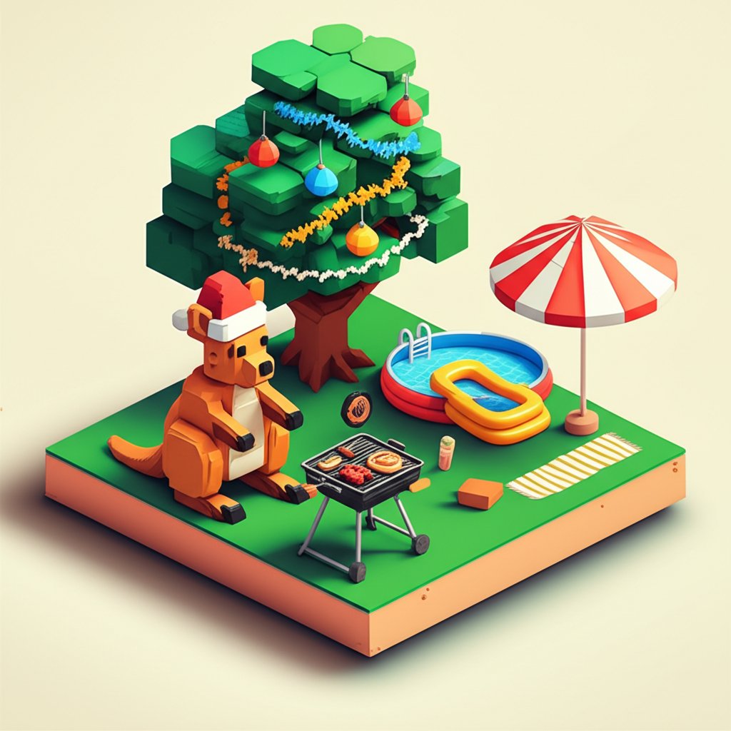 Festive Australian Christmas scene with a barbecue, beach, and summer decorations.