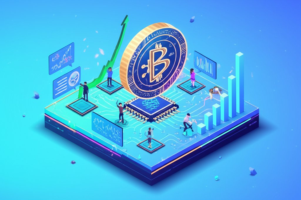 Gold Bitcoin coin sits atop various falling green and red candlesticks, symbolizing cryptocurrency's volatility.