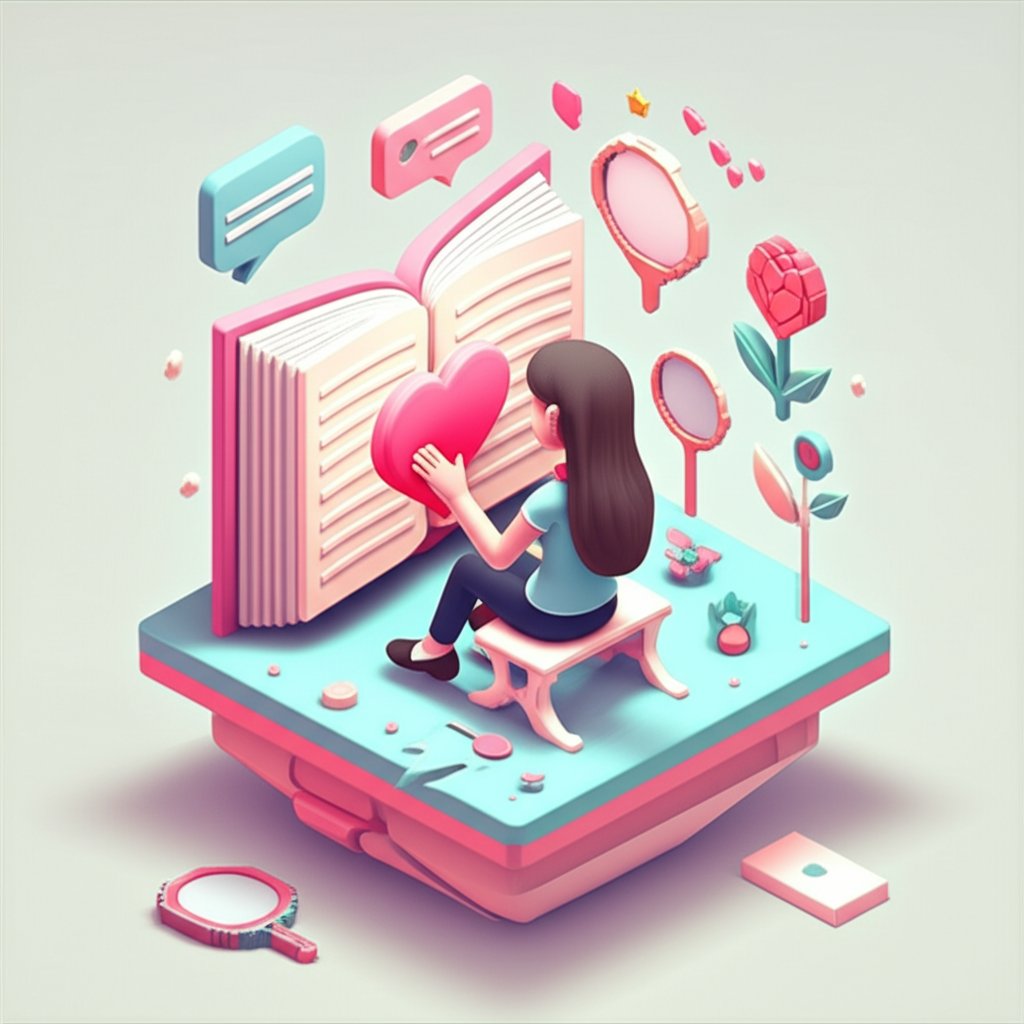 A cartoon girl thoughtfully sips coffee while reading dating advice on her laptop.