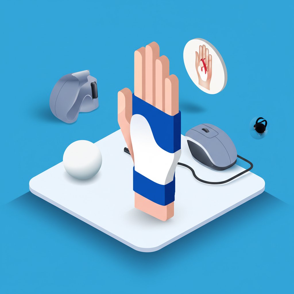 Medical devices used to treat De Quervain's tenosynovitis are laid out on a table.