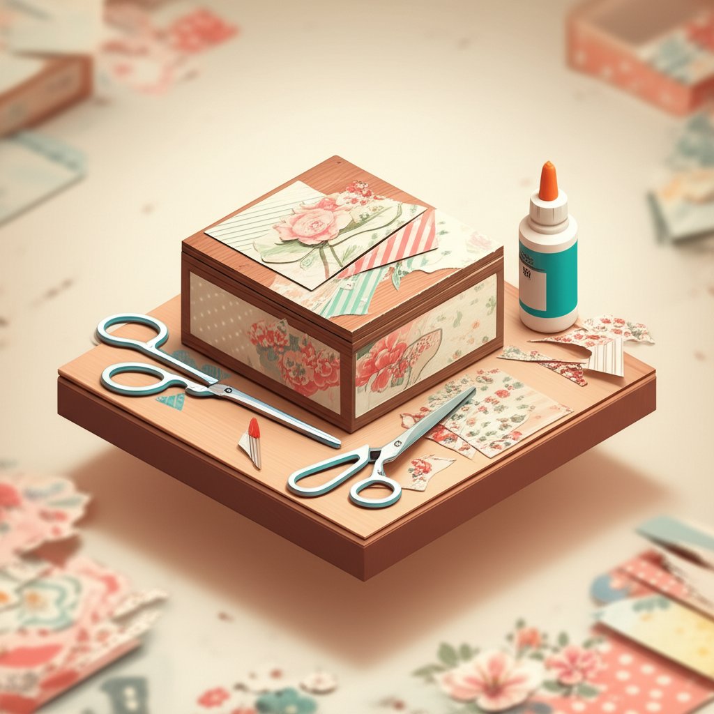 Close-up of a vibrant decoupage artwork featuring layered paper cutouts on a wooden surface.