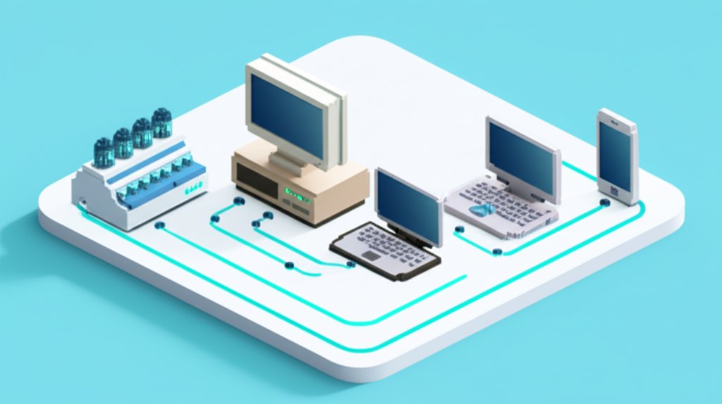 Vintage computers leading to modern smartphones, illustrating the evolution of computing.