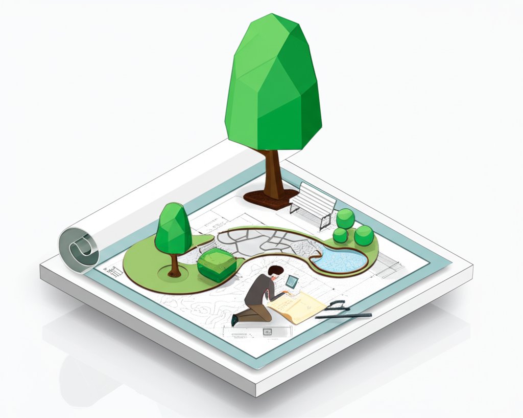 Landscape architecture facts graphic with green text and stylized tree icons.