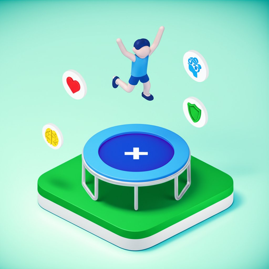 A colorful infographic with fun facts about trampolines, including safety tips and health benefits.