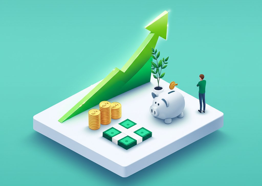 Chart showing upward trends and icons representing savings, investments, and financial growth.