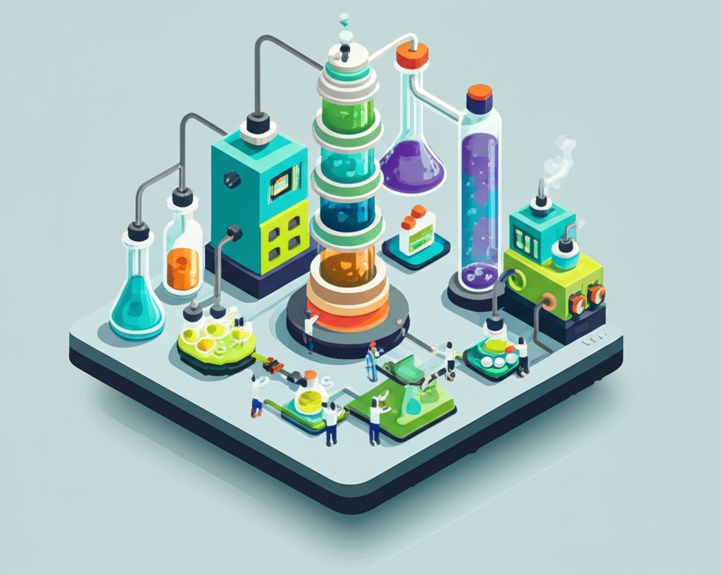 Chemical engineering facts displayed as colorful icons, text, and fun graphics on a lively background.