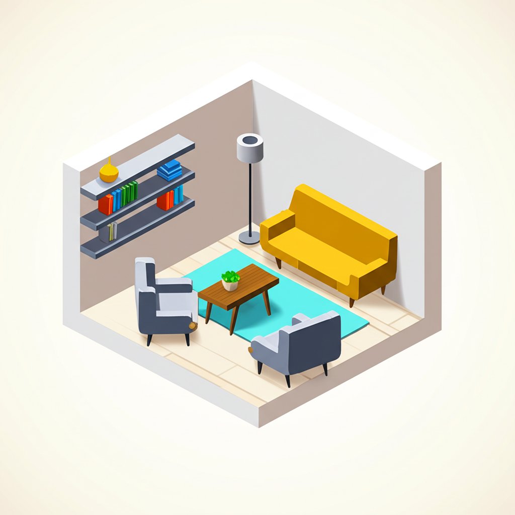 A modern living room with a gray sofa, coffee table, and bookshelf in neutral tones.