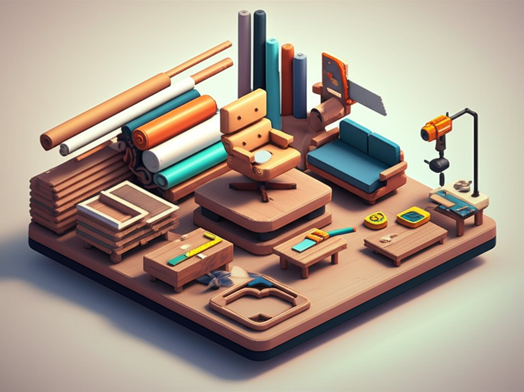 A furniture factory interior with wood planks, machinery, and workers focused on production.