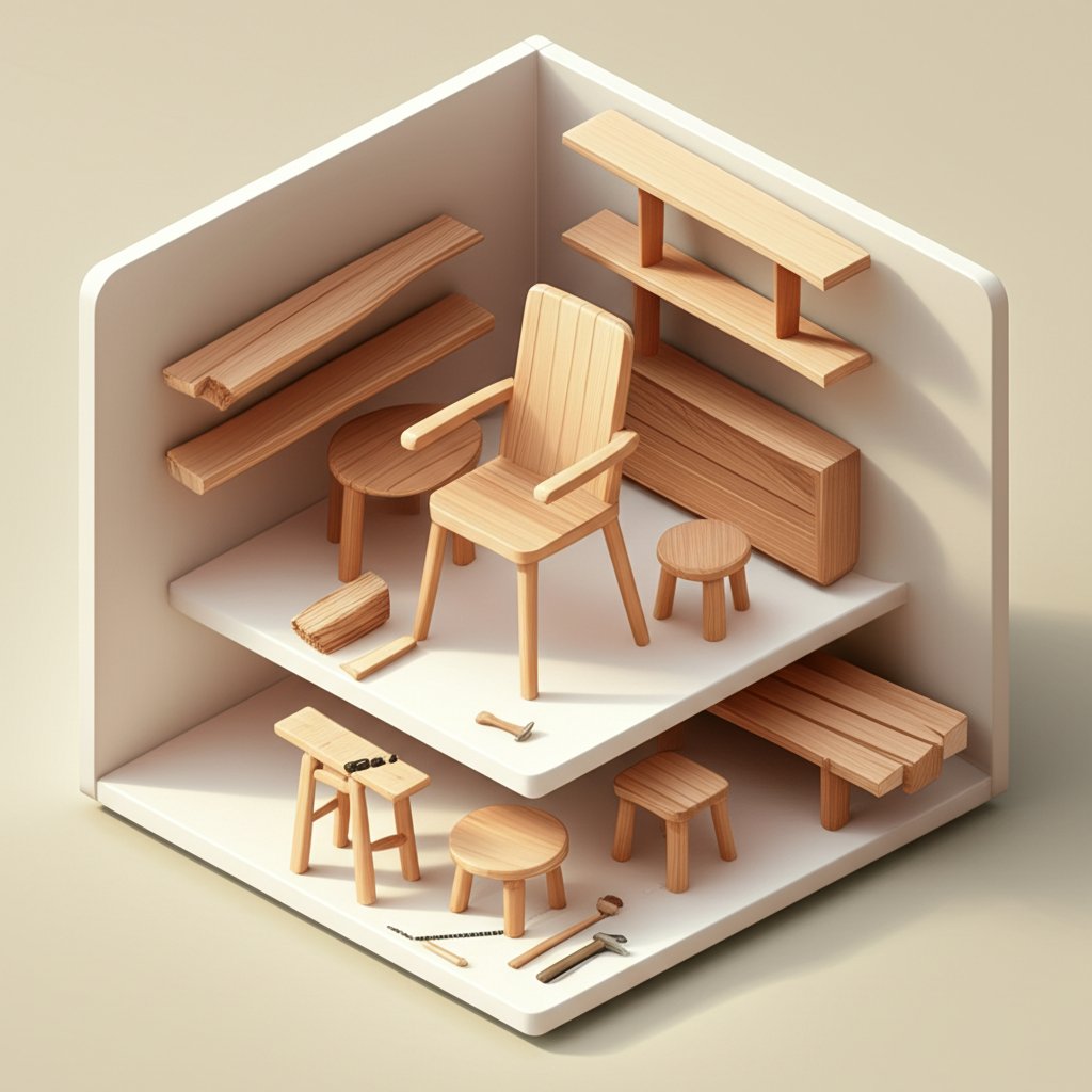 Handcrafted wooden furniture set in a warmly lit room, showcasing natural textures.