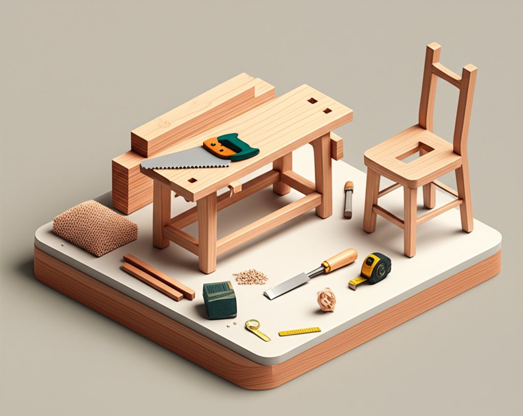 Craftsman sanding a wooden chair leg in a bright, organized woodworking shop.