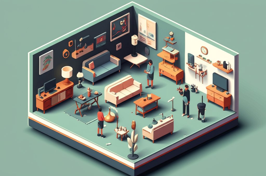 A bustling furniture market with various styles of sofas, tables, and chairs on display.