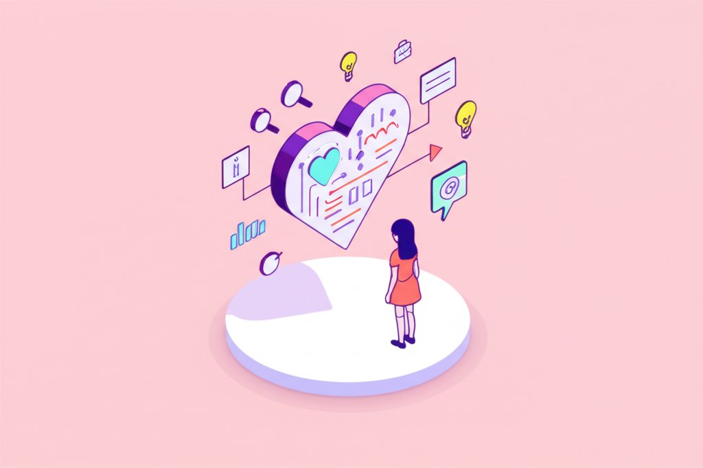Cartoon image of a girl surrounded by love-related facts and thoughts.