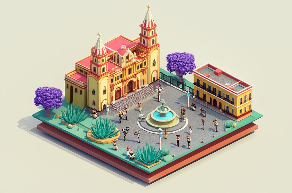 A vibrant cityscape of Guadalajara, Mexico, featuring historic architecture and a clear blue sky.