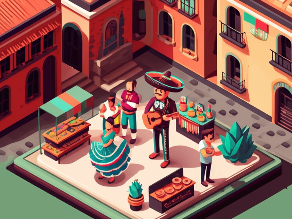 A vibrant street scene showcasing Guadalajara's cultural traditions through dance, music, and colorful attire.
