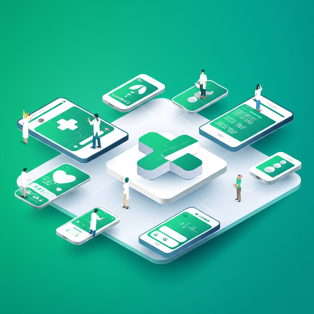 Doctor using a tablet displaying healthcare apps, surrounded by medical technology.