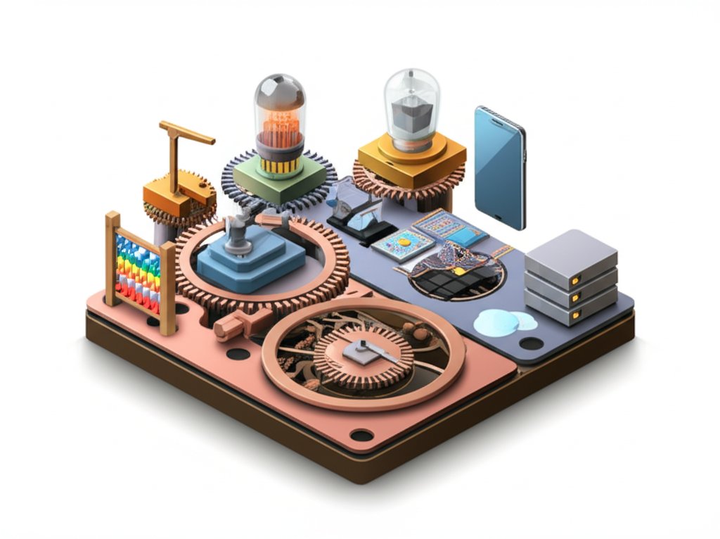 Collage showing technological advancements from the abacus to modern smartphones.