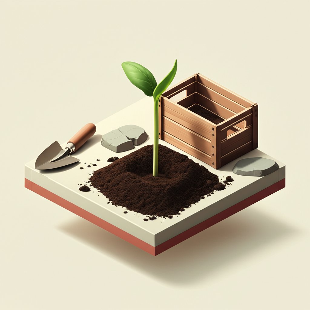 A single seedling sprouts from cracked earth, bathed in warm sunlight, representing humble beginnings.