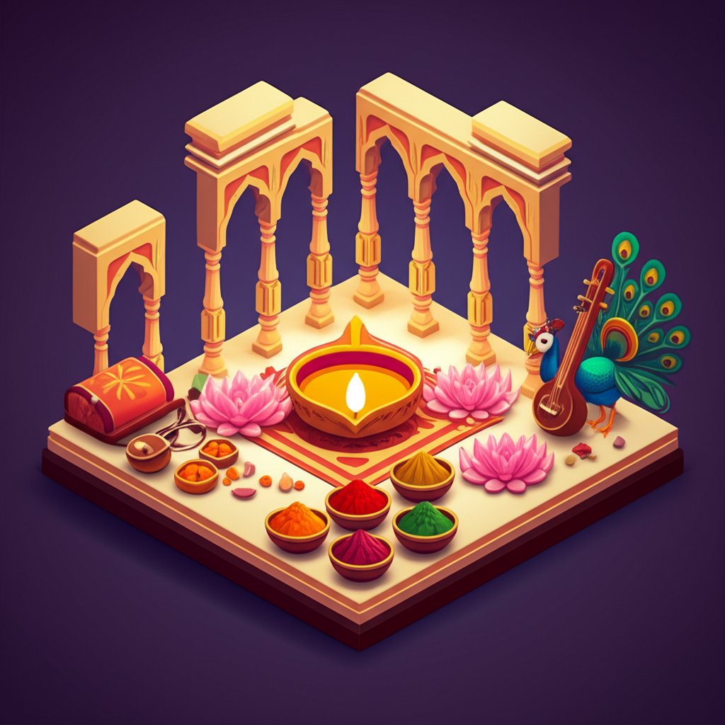 A vibrant Indian festival scene with colorful clothing, decorations, and joyful participants.