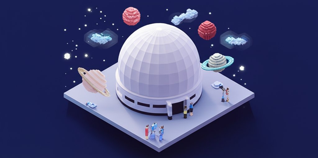Interior shot of Ingram Planetarium with tilted dome screen and rows of empty seats.