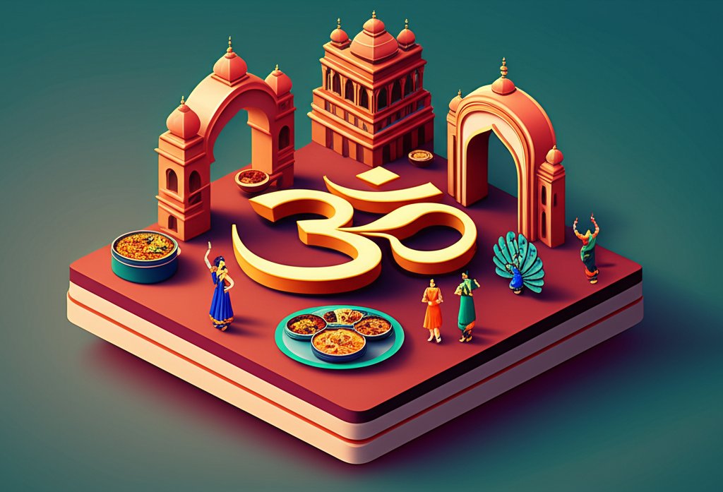 Colorful illustration showcasing diverse elements of Indian culture, like food, clothing, and monuments.