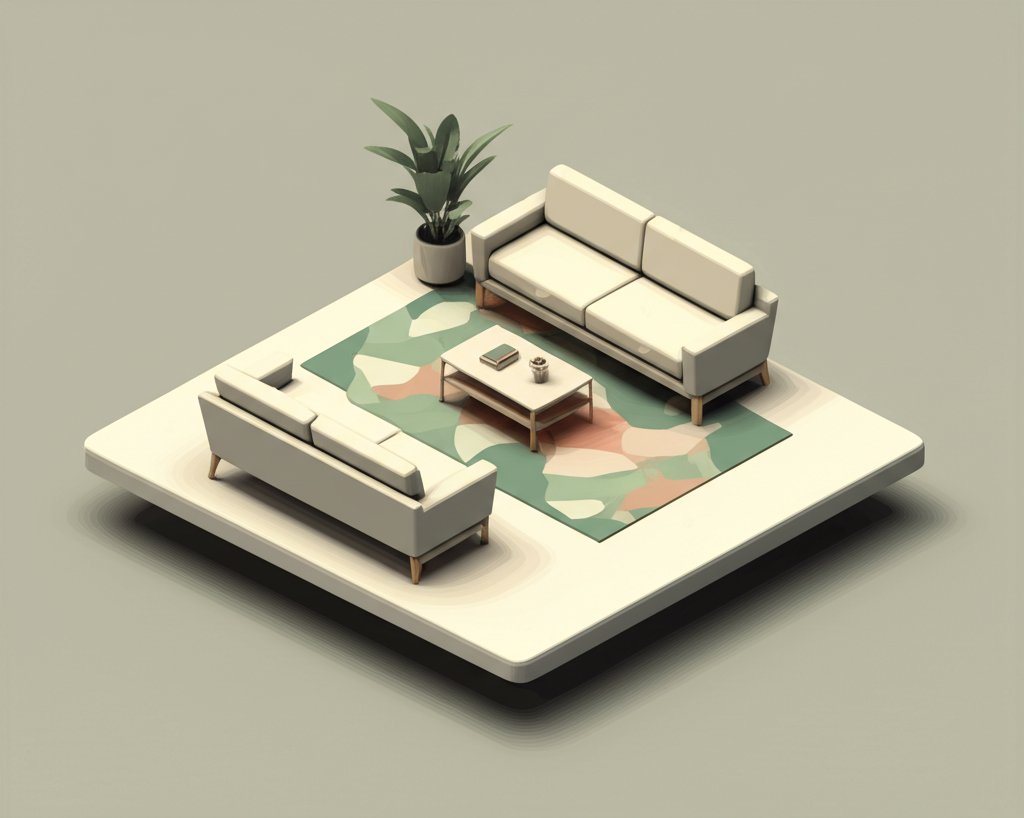 Modern living room with a gray sofa, minimal decor, and large windows.