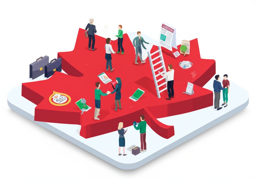 Diverse professionals collaborate in a modern Canadian office, symbolizing job opportunities.