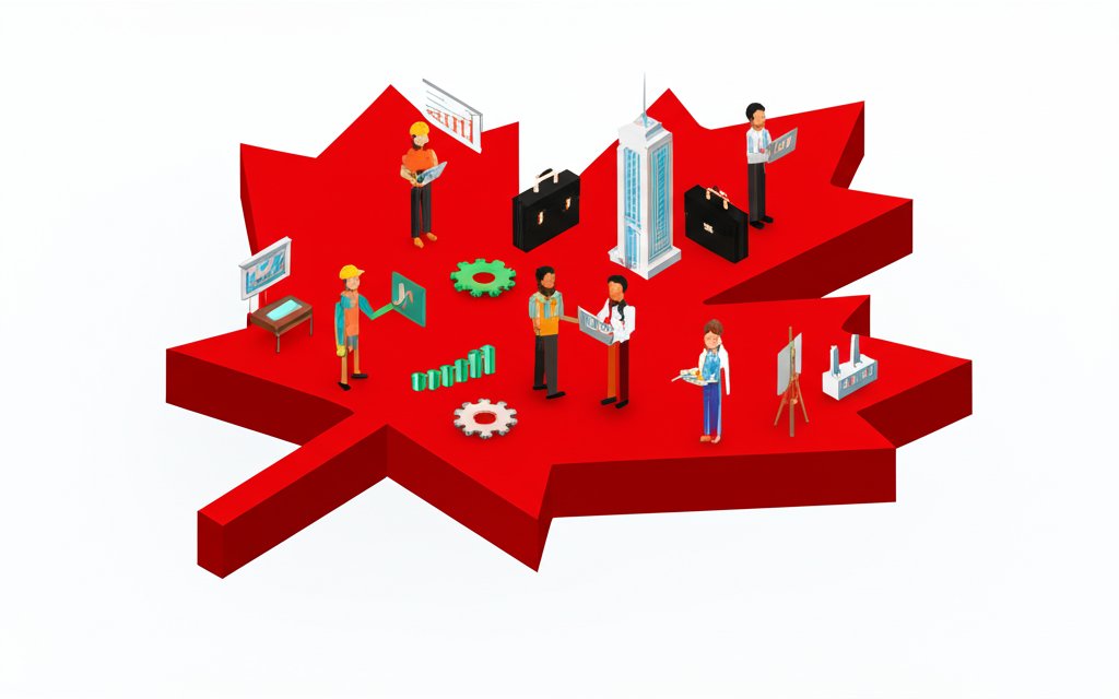 A diverse group working in various jobs across Canada, showcasing employment opportunities.