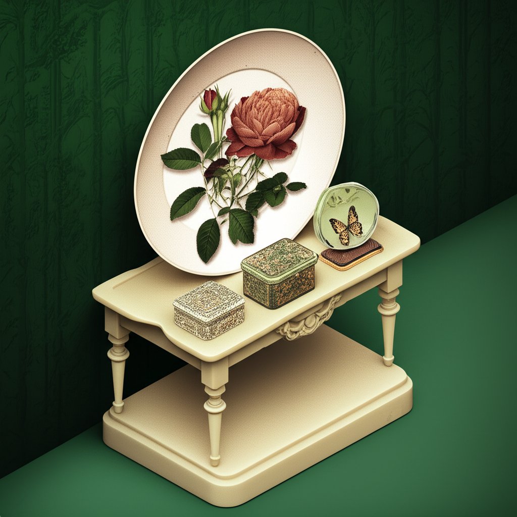 Vintage-style collage featuring botanical prints and ephemera, reminiscent of John Derian's aesthetic.