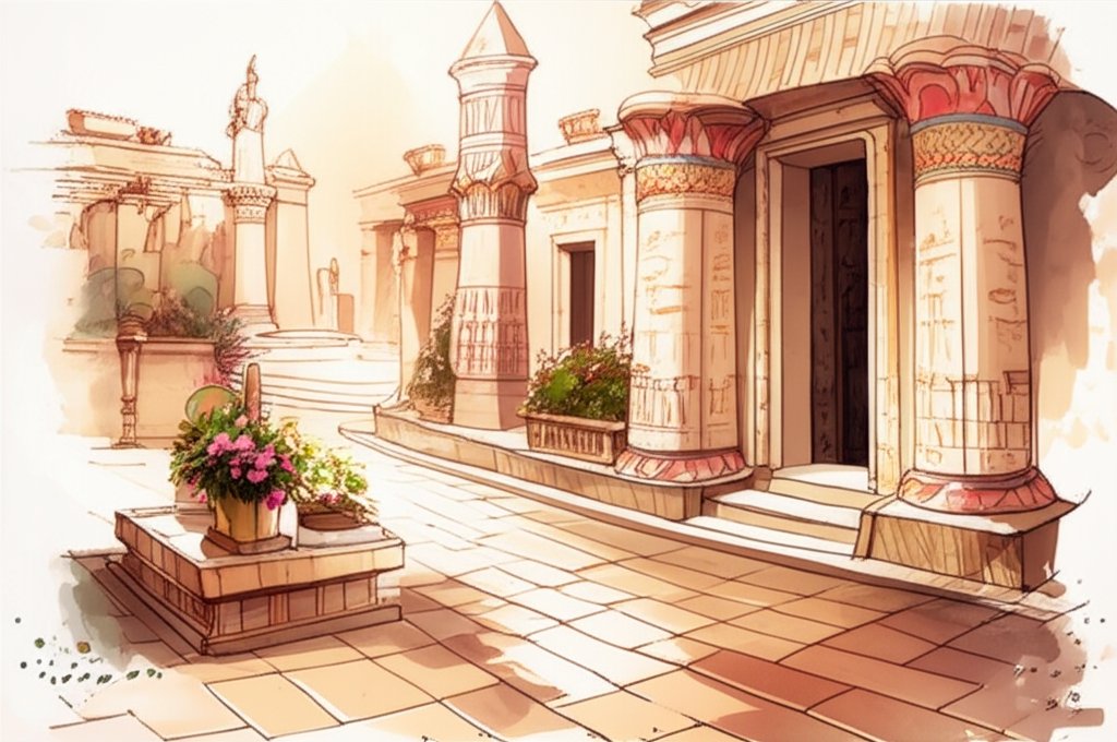Egyptian clothing elements: gold jewelry, linen fabrics, geometric patterns, royal flair.