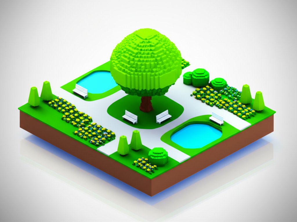 Lush green park with winding paths, architectural structures, and a serene water feature.