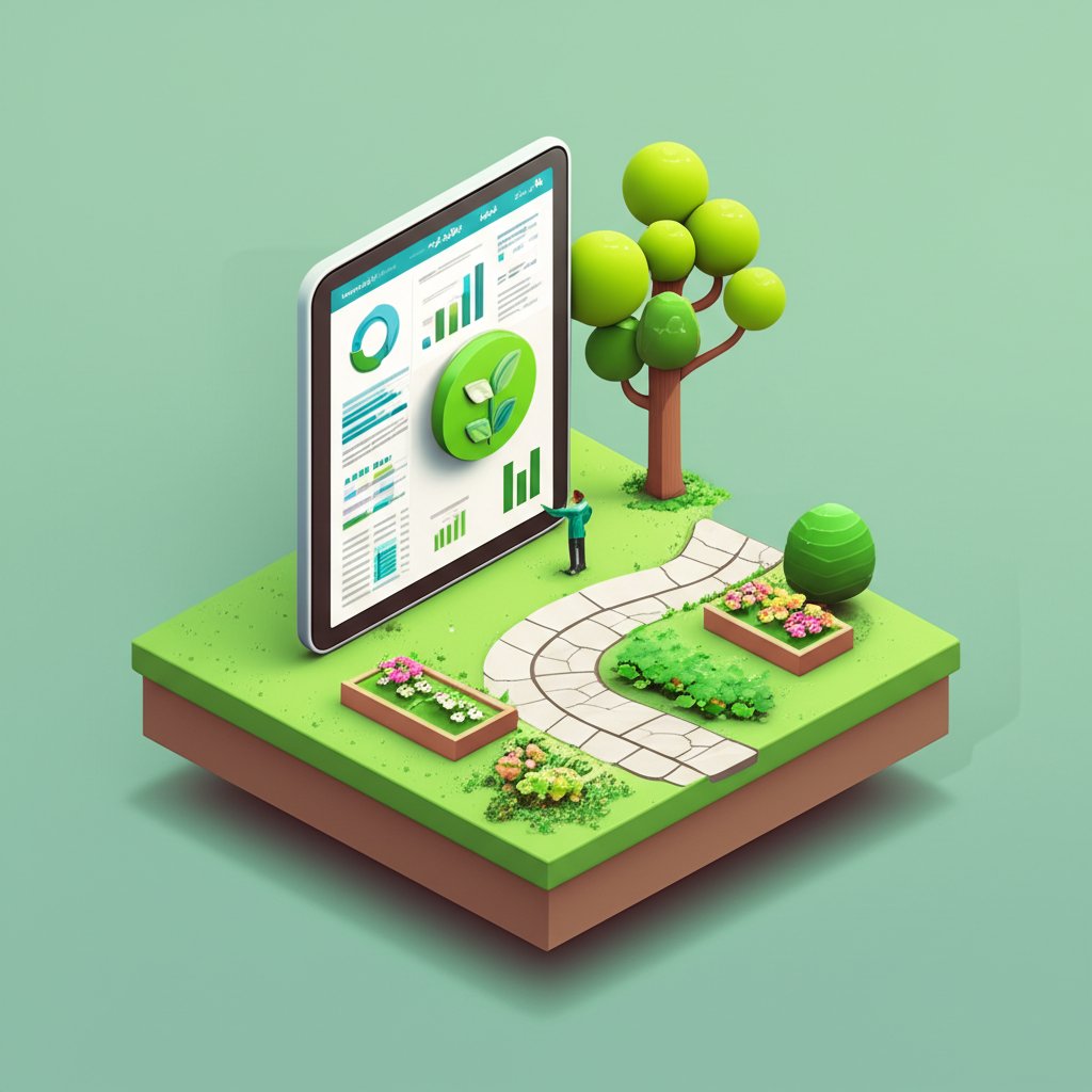 Green text on a chalkboard lists landscaping facts with plant drawings underneath.