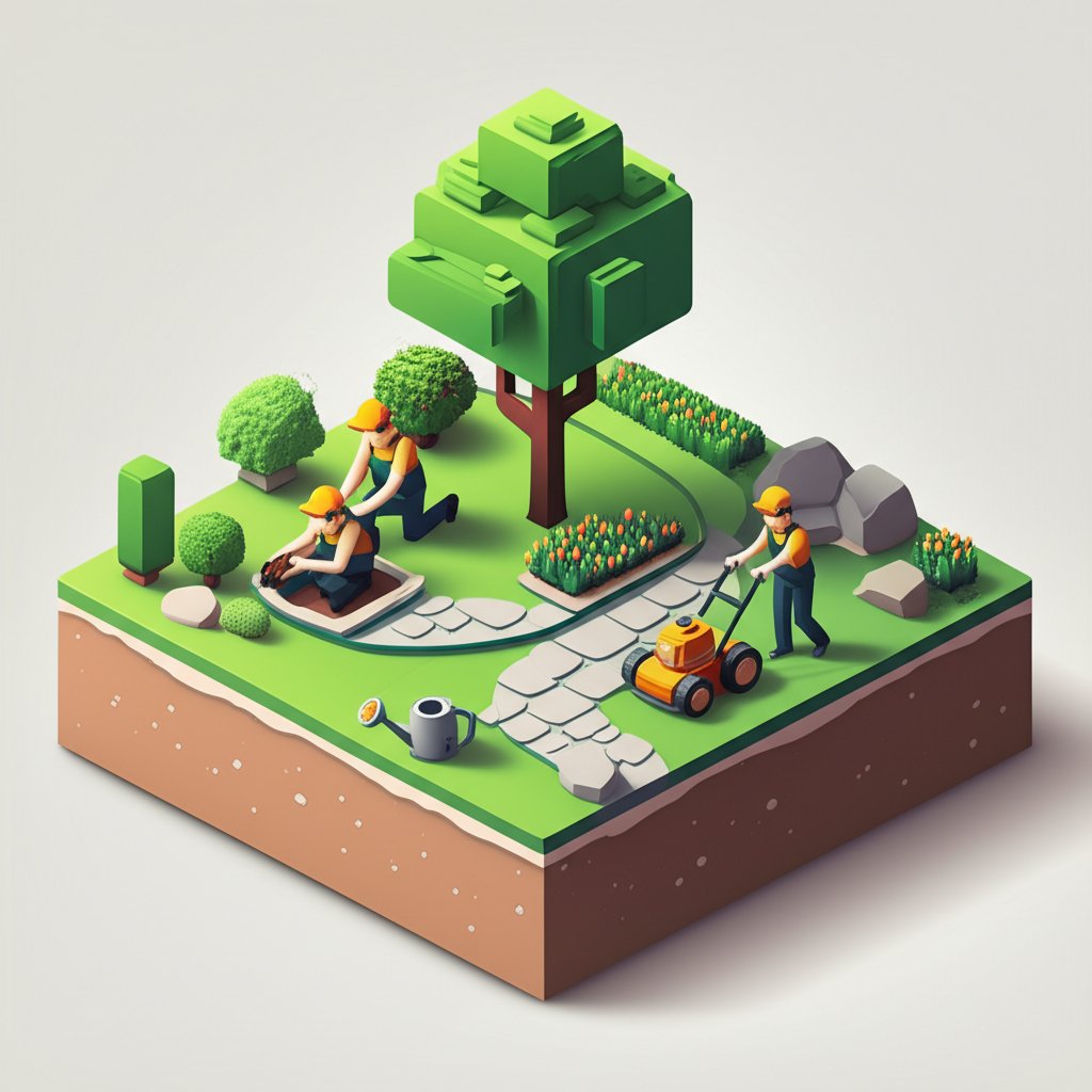 A professional landscaper tending to a lush green lawn with trimmed bushes and colorful flowers.