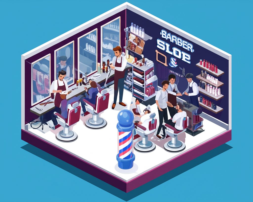 A group of barbers in a modern shop, laughing and cutting hair with skill.