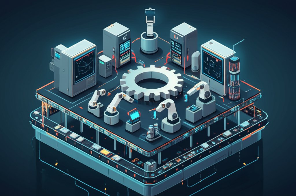 Complex interconnected machinery with gears and wires, suggesting industry or technology.