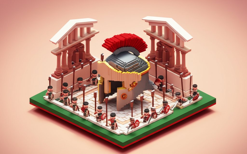 A stern Roman master in a toga oversees workers on a sun-drenched ancient estate.