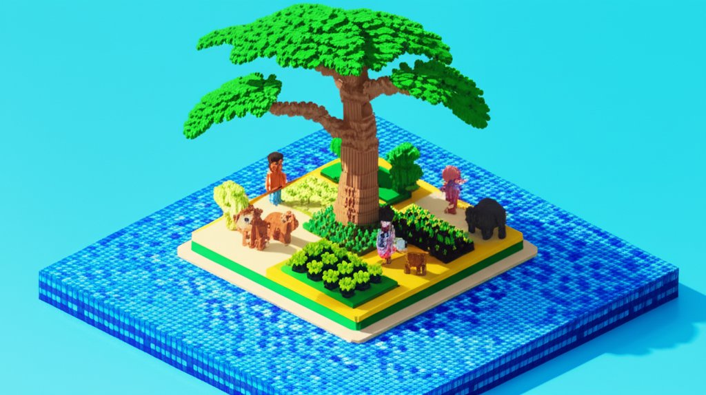 A majestic, multi-trunked paradise tree with lush green foliage stands tall against a bright sky.