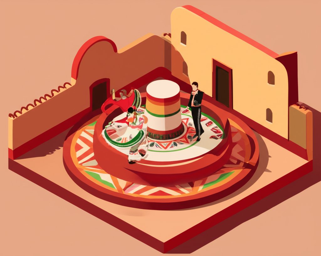 A vintage illustration depicting a couple performing the Jarabe Tapatío, a traditional Mexican hat dance.