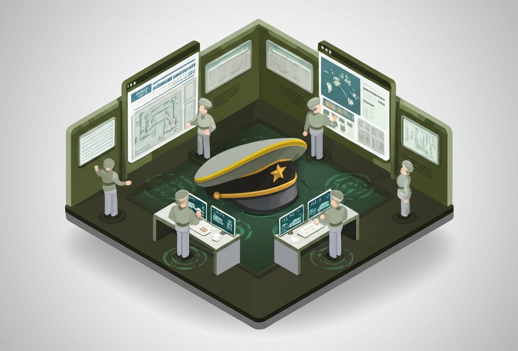 A group of military commanders stand together, conferring in a serious, focused manner.
