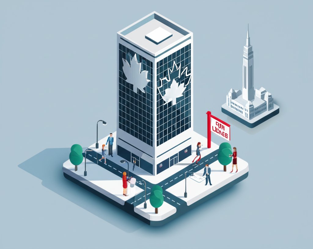 Modern Ottawa office building with glass facade reflecting the sky and cityscape.